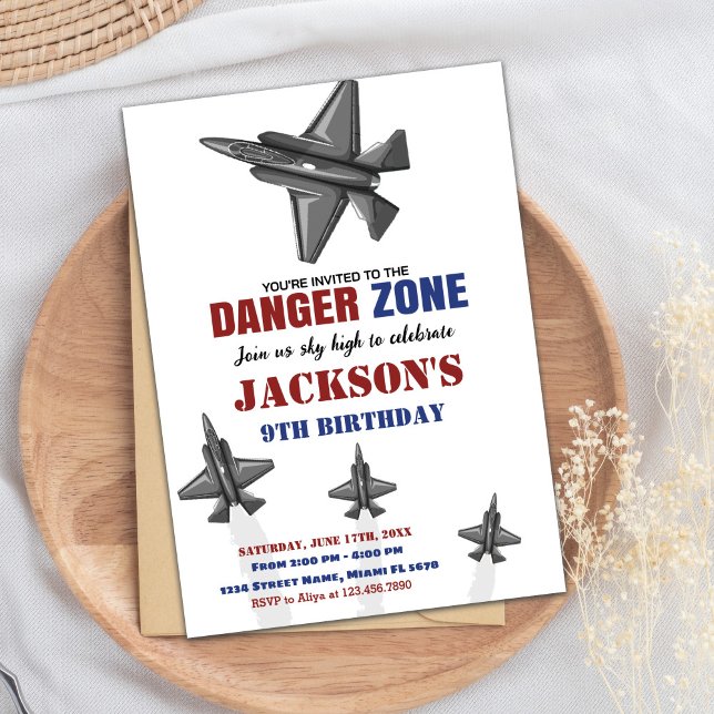 Convites de aniversário de jato de jato da zona de (Danger Zone Fighter Jet Birthday Invitations)