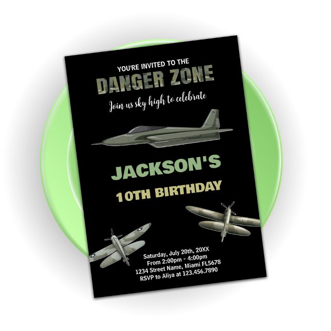 Convites de aniversário de jato de jato de zona de (Danger Zone Fighter Jet Birthday Invitations 10th)