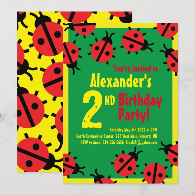 Convites de aniversário de Lady Bug Animal Kid (Frente/Verso)