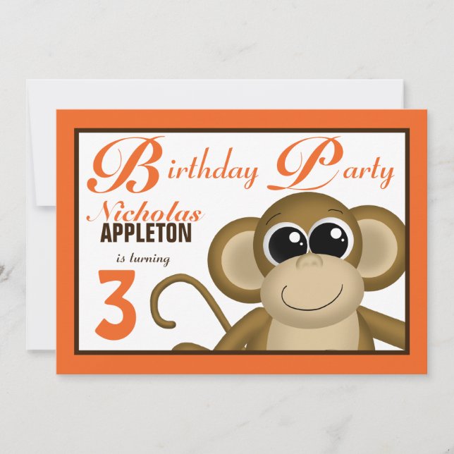 Convites de aniversário de laranja macaco-branco (Frente)