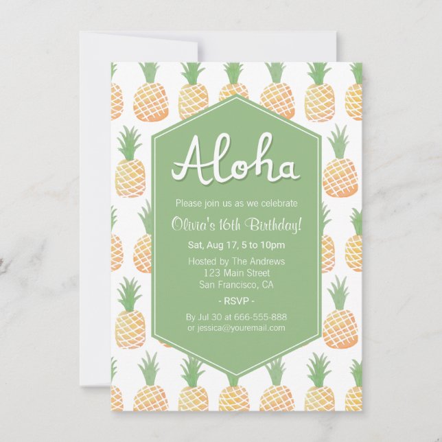 Convites de Aniversário de Luau de Abacaxi Aloha (Frente)