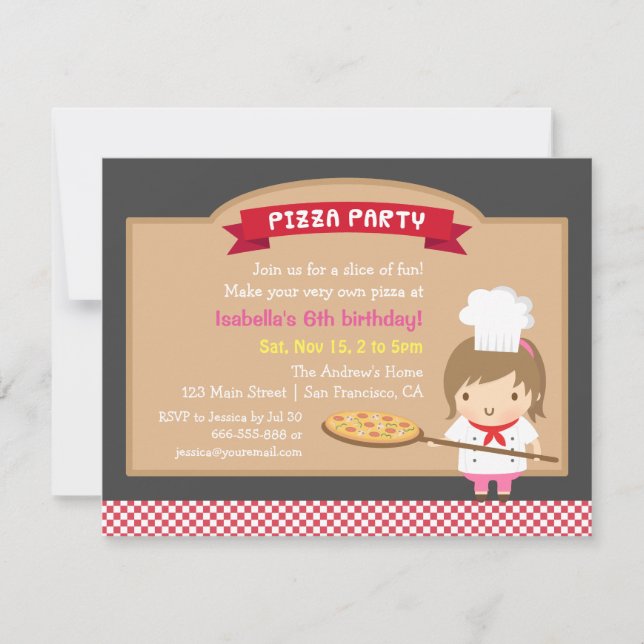 Convites de Aniversário de Menina Chef de Pizza Fo (Frente)
