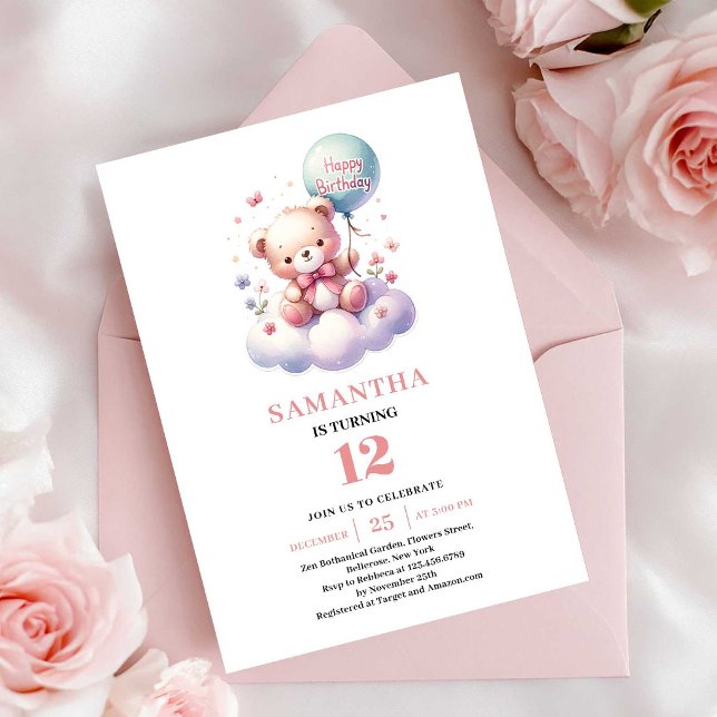Convites de aniversário de menina com balão de urs (Adorable teddy bear balloon girl birthday invitation

)