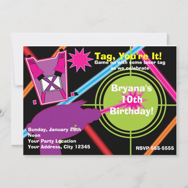 Convites de Aniversário de Menina com Laser Tag pa (Frente)