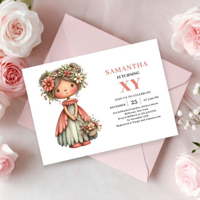 Convites de aniversário de menina justa fofa flora (Cute Fairy Girl Birthday Pink Floral Magic invitation)