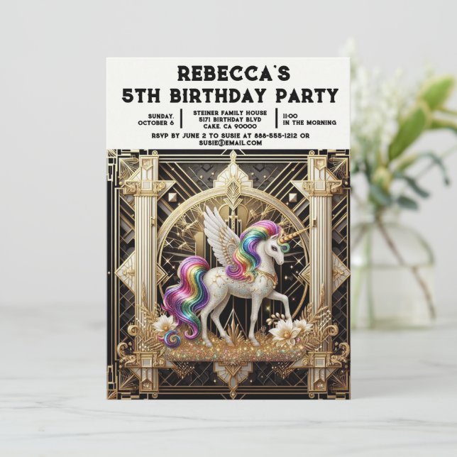 Convites de Aniversário de Menina Unicórnio Arco-Í (Em pé/Frente)