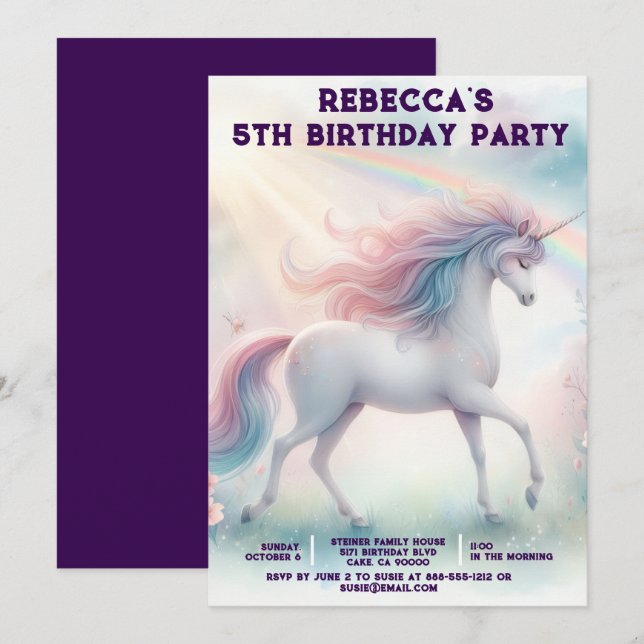 Convites de Aniversário de Menina Unicórnio Arco-Í (Frente/Verso)