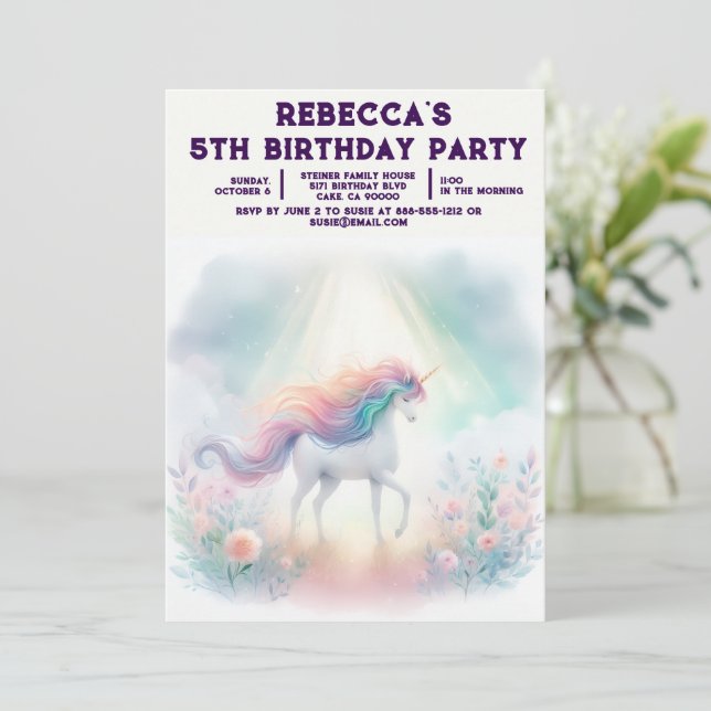 Convites de Aniversário de Menina Unicórnio Arco-Í (Em pé/Frente)