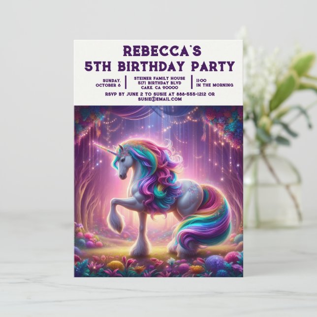 Convites de Aniversário de Menina Unicórnio Arco-Í (Em pé/Frente)