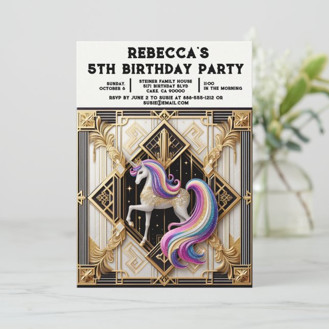Convites de Aniversário de Menina Unicórnio Arco-í (Em pé/Frente)