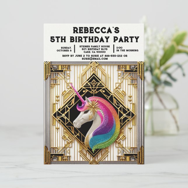 Convites de Aniversário de Menina Unicórnio Arco-Í (Em pé/Frente)
