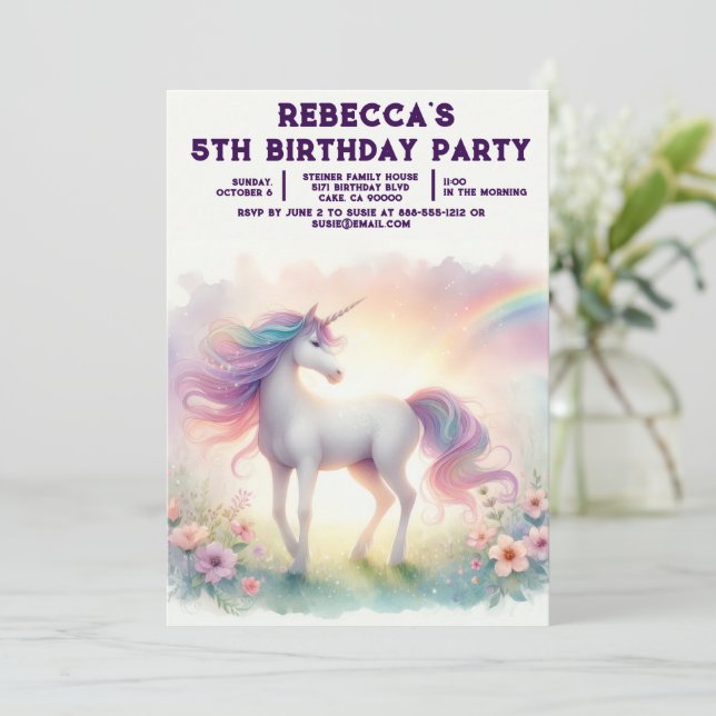 Convites de Aniversário de Menina Unicórnio Arco-Í (Em pé/Frente)