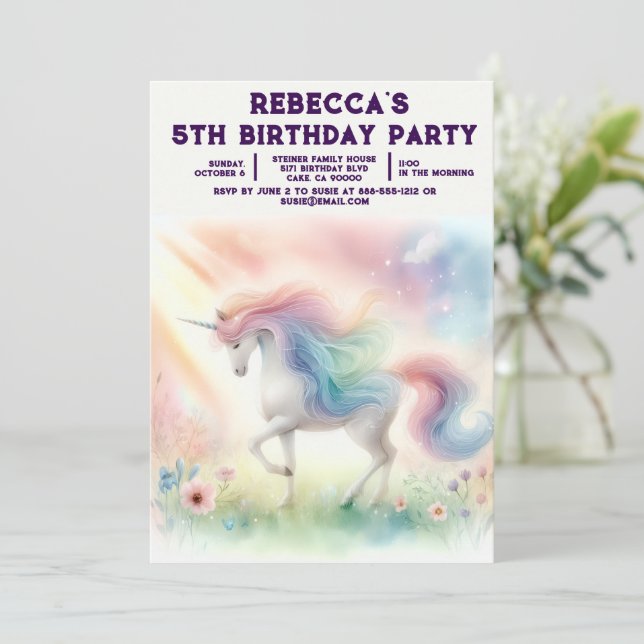 Convites de Aniversário de Menina Unicórnio Arco-Í (Em pé/Frente)