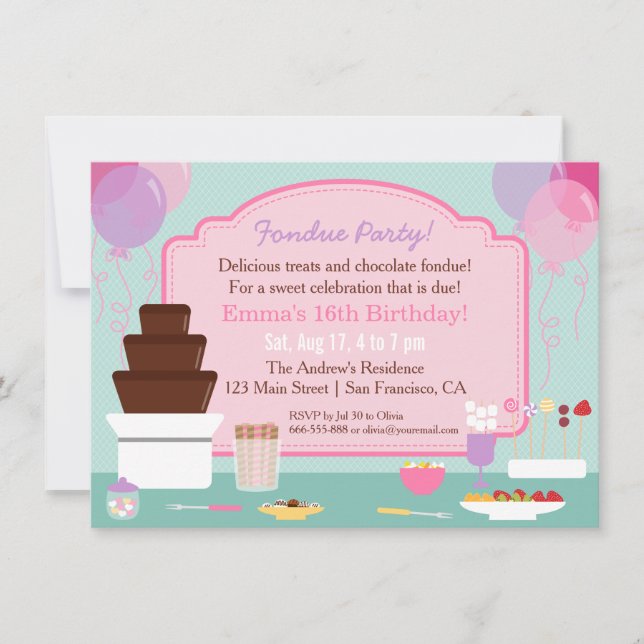 Convites de Aniversário de Meninas com Fondue de C (Frente)
