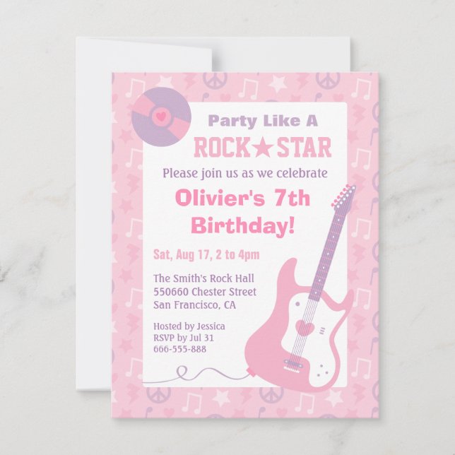 Convites de Aniversário de Meninas Estrela do Rock (Frente)