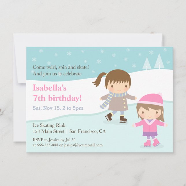 Convites de Aniversário de Meninas Fofas Patinando (Frente)