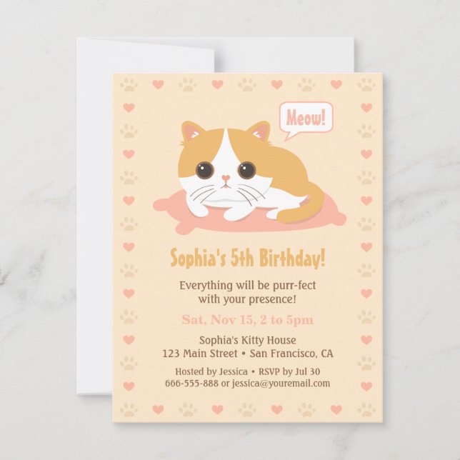 Convites de Aniversário de Meninas Gatinha Fofa (Frente)