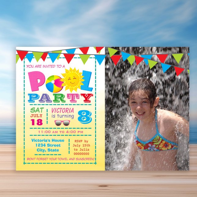 Convites de Aniversário de Meninas para Festa na P (Cute any number pool birthday party invitation. Simply add your details and photo.)