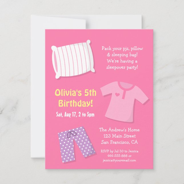 Convites de Aniversário de Meninas para Pijamada (Frente)