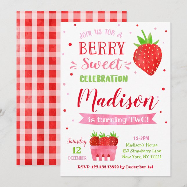 Convites de Aniversário de Morango (Frente/Verso)