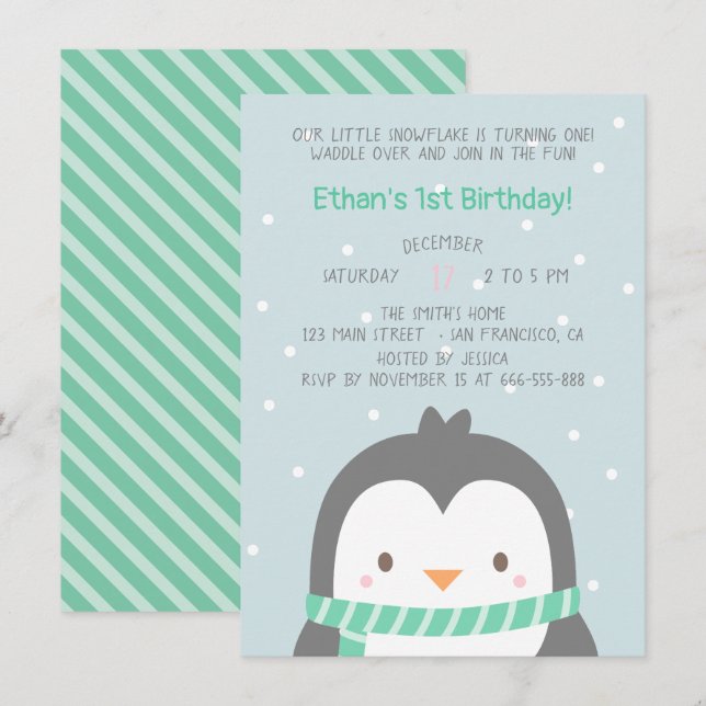 Convites de Aniversário de Pinguim Fofo e Cachecol (Frente/Verso)