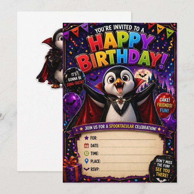 convites de aniversário de pinguim vampiro (Frente/Verso)