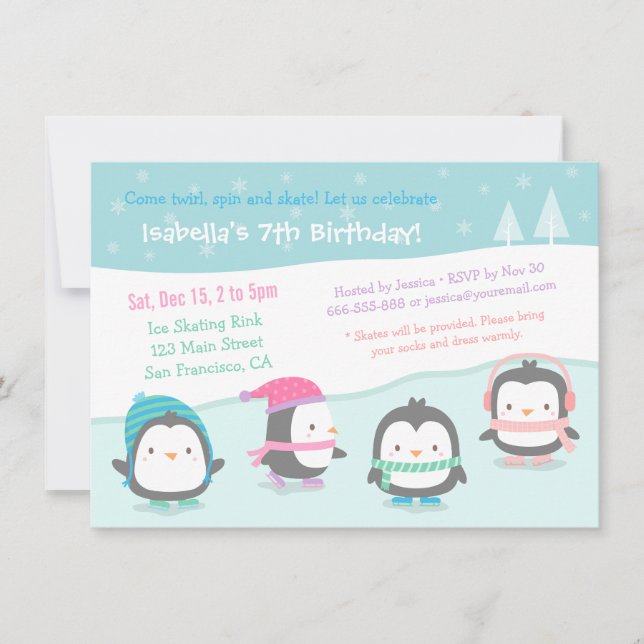 Convites de Aniversário de Pinguins Patinando Fofo (Frente)