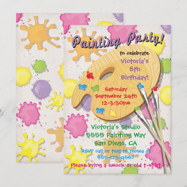 Convites de aniversário de pintura de arte (Frente/Verso)
