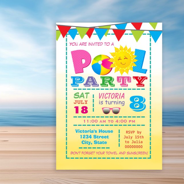 Convites de Aniversário de Piscina para Meninas (Cute any number pool birthday party invitation. Simply add your event details.)