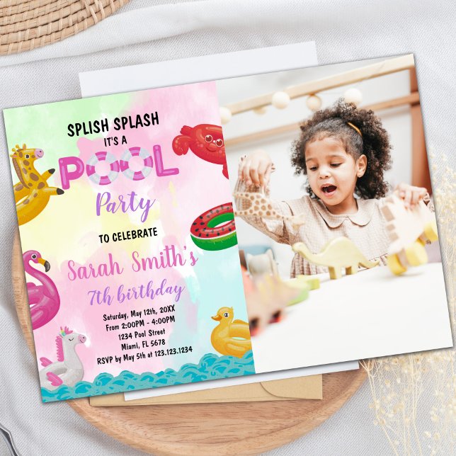 Convites de aniversário de Piscina rosa com foto (Pink Pool Birthday Invitations with photo)