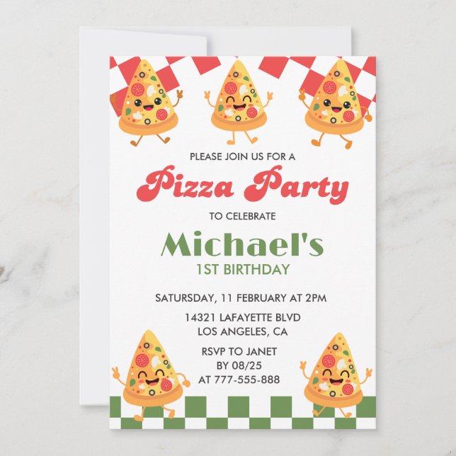 Convites de Aniversário de Pizza| Moderno 1º Festa (Frente)