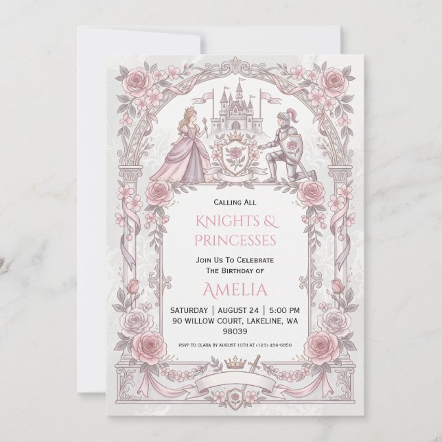 convites de aniversário de princesa e cavaleiro (Frente)