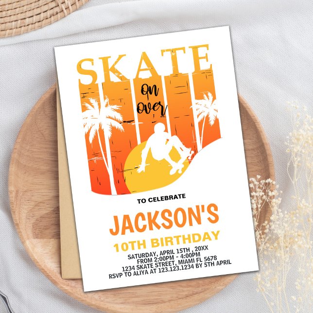 Convites de Aniversário de Quadro Laranja Branco (White Orange Skateboard Birthday Invitations)