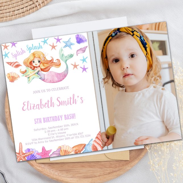 Convites de Aniversário de Sereia Bonita com foto (Beautiful Mermaid Birthday Invitations with photo)