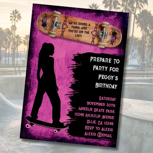 Convites de Aniversário de Skater "Shred Like a Gi (Shred Like a Girl Skateboarding Birthday Party Invitations)