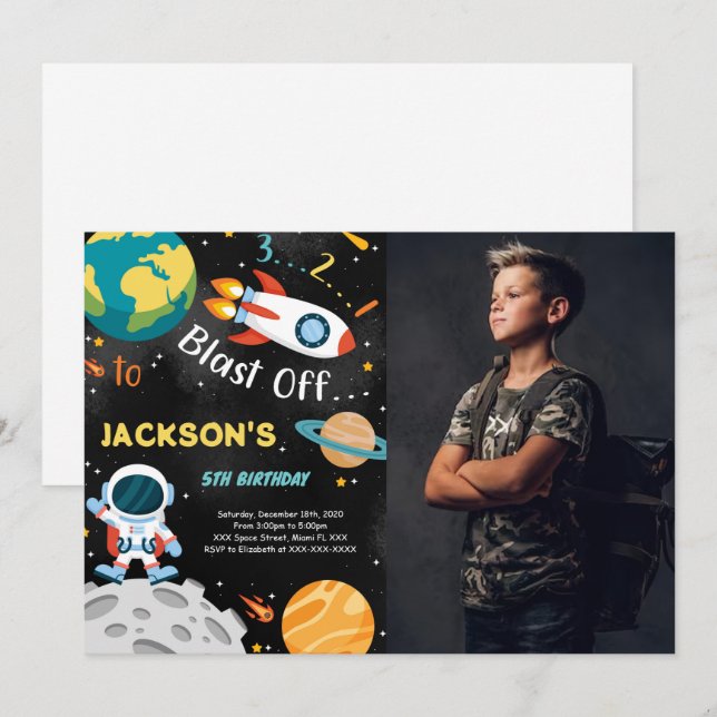 Convites de Aniversário de Space Boy Com Foto (Frente/Verso)