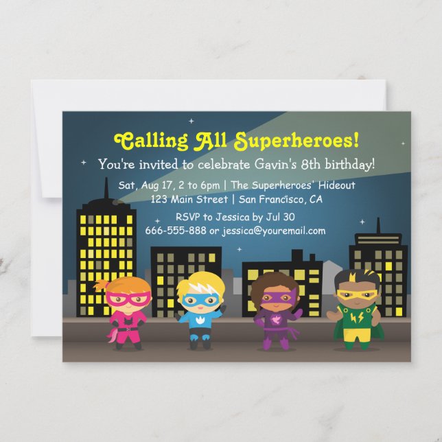 Convites de Aniversário de Super-Heróis para Crian (Frente)