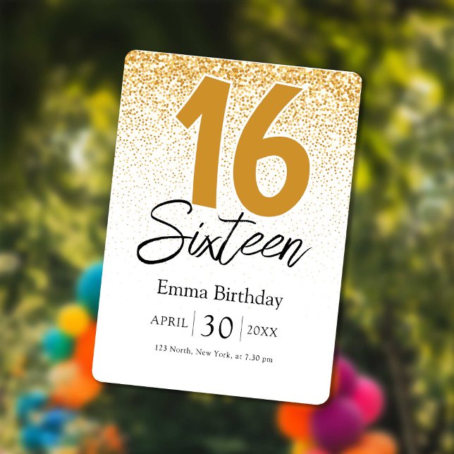 convites de aniversário de sweet 16 com purpurina  (golden glitter sweet 16 birthday invitations card)