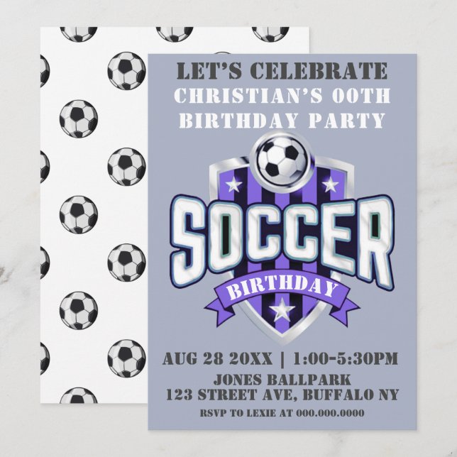 Convites de aniversário de Tema de Futebol Roxo (Frente/Verso)