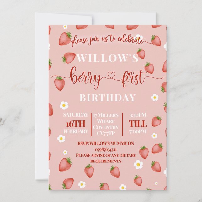 Convites de Aniversário de Um Ano com Tema Berry (Frente)