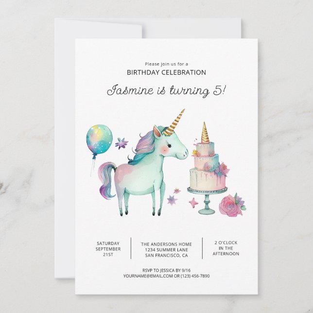 Convites de Aniversário de Unicórnio Arco-íris (Frente)