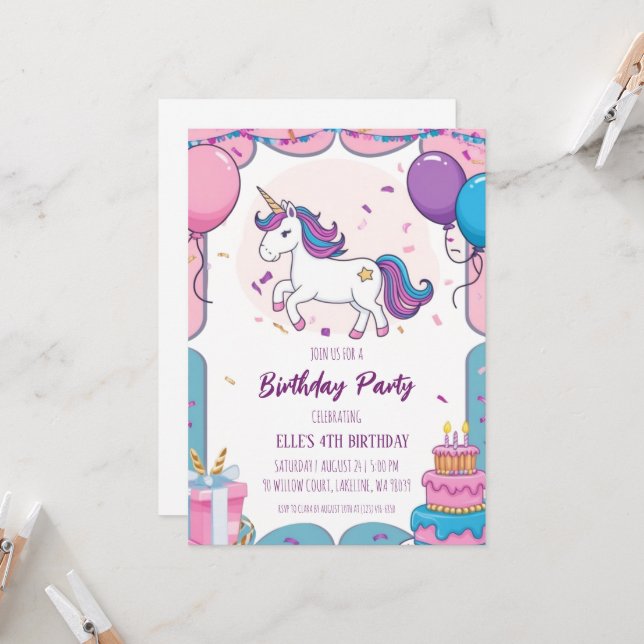 convites de aniversário de unicórnio roxo e fofo (Frente/Verso In Situ)