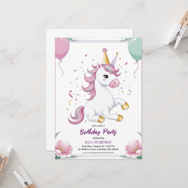 convites de aniversário de unicórnio roxo e fofo (Frente/Verso In Situ)