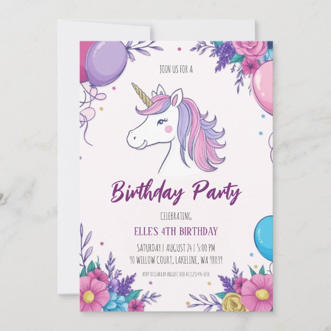 convites de aniversário de unicórnio roxo e fofo (Frente)