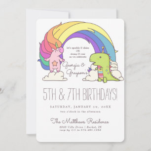 Convites de Aniversário de Unicórnios & Dinossauro