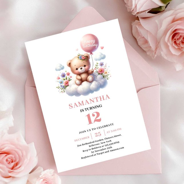 Convites de aniversário de urso de pelúcia alegre  (Joyful teddy bear floral balloon birthday invitation

)