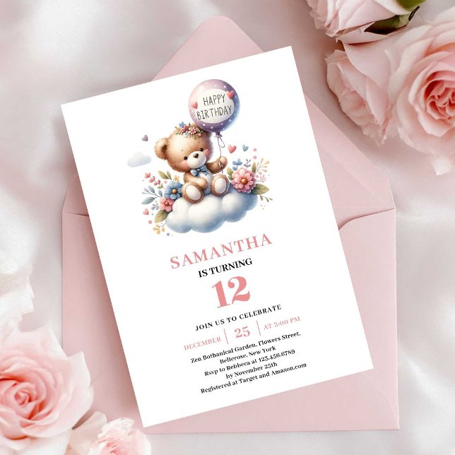 Convites de aniversário de urso de pelúcia floral  (Playful teddy bear floral balloon birthday invitation

)