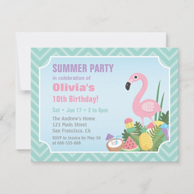 Convites de Aniversário de Verão Luau Flamingo Ros (Frente)