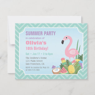Convites de Aniversário de Verão Luau Flamingo Ros