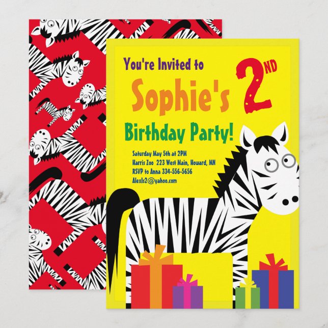 Convites de aniversário de Zebra Animal Kid (Frente/Verso)
